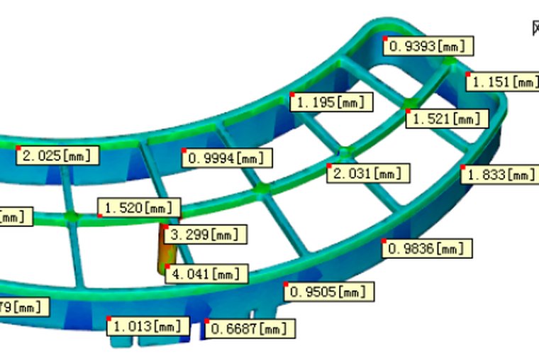 Wandstärken-Analyse eines Kunststoffbauteils mit Farbskala in Millimetern