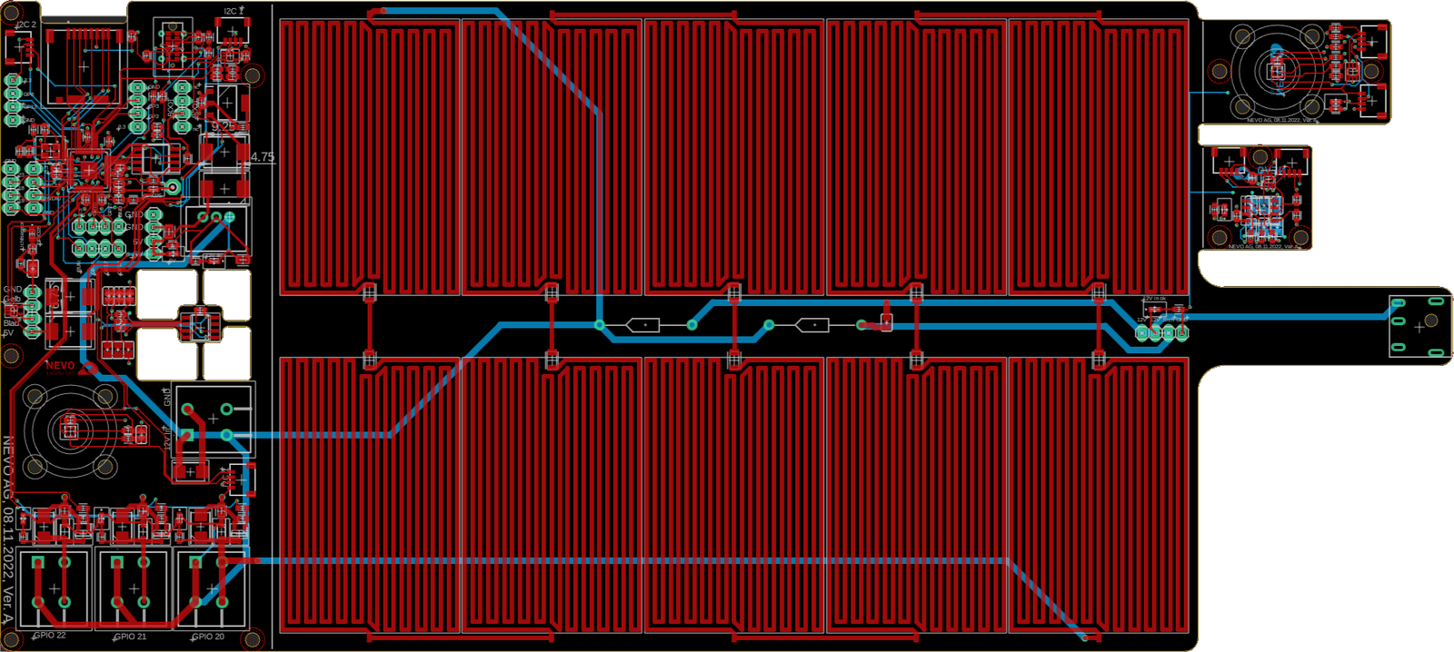 Echtes Leiterplatten-Layout eines NEVO-Produkts mit integrierter Heizfläche; gelbe Punkte erscheinen bei Mausnähe und erklären acht Funktionen.